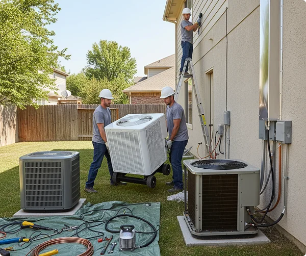Picture of technicians installing an HVAC unit
