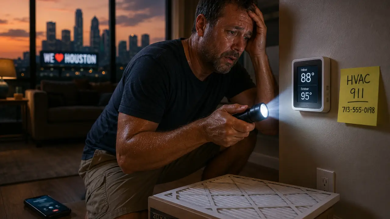 Hombre sudoroso y preocupado ilumina con una linterna un termostato que marca 88°F dentro de su sala en Houston, con una nota de “HVAC 911” al lado y un filtro de aire nuevo en el suelo.
